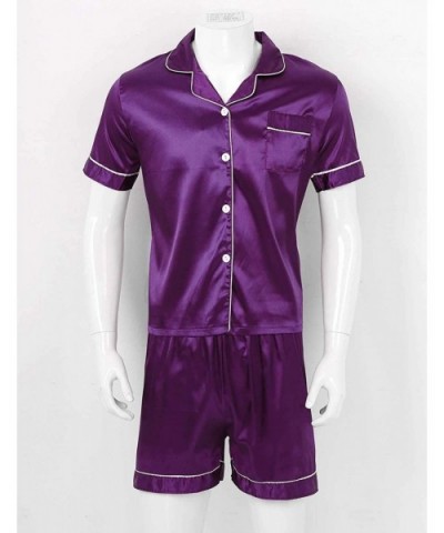 Men's Silky Satin Solid Pajamas Set Notch Collar Short Sleeves Top Shirts with Boxer Shorts - Purple - CE1993YH2I2 $44.67 Sle...