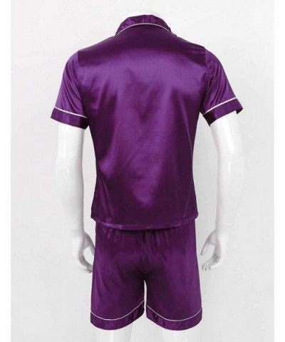 Men's Silky Satin Solid Pajamas Set Notch Collar Short Sleeves Top Shirts with Boxer Shorts - Purple - CE1993YH2I2 $44.67 Sle...