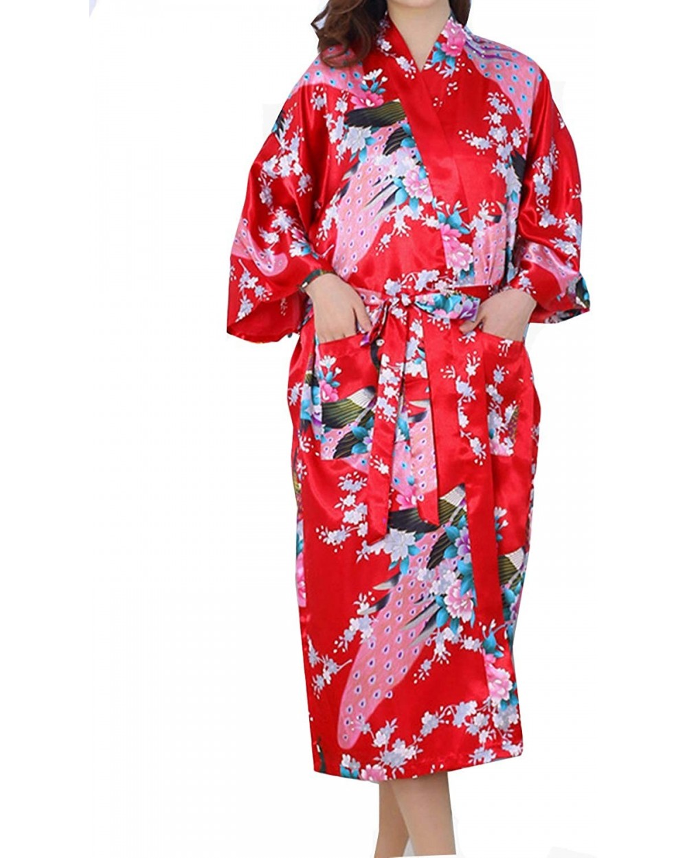 Women's Silk Satin Sleepwear Nightgown Long Kimono Robes with Peacock and Blossoms - Red - CE196CO6KSN $36.51 Robes