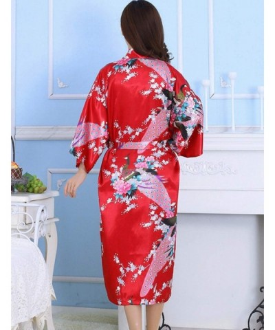 Women's Silk Satin Sleepwear Nightgown Long Kimono Robes with Peacock and Blossoms - Red - CE196CO6KSN $36.51 Robes