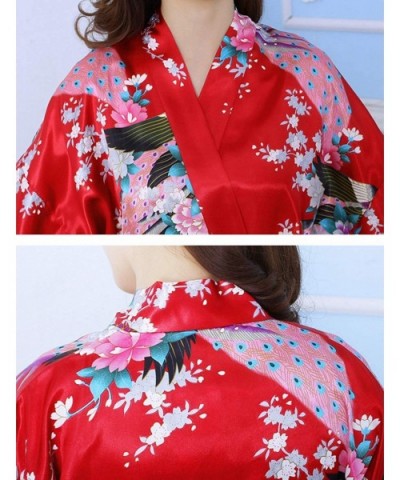 Women's Silk Satin Sleepwear Nightgown Long Kimono Robes with Peacock and Blossoms - Red - CE196CO6KSN $36.51 Robes