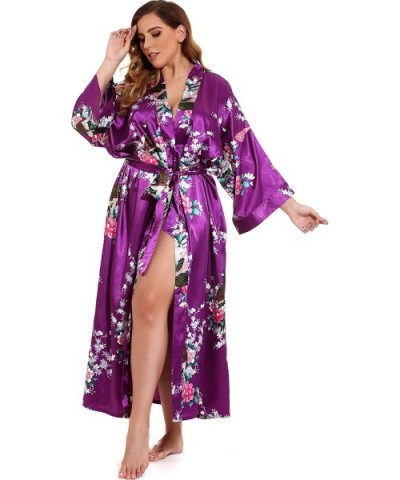 Women's Long Kimono Bathrobe Bridesmaid Wedding Nightgown V-Neck Sleepwear - Purple - CH190372C5R $30.30 Robes