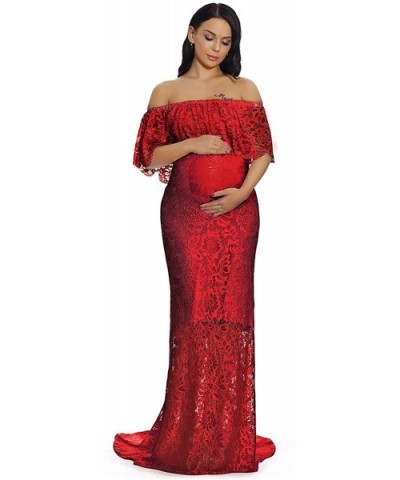 Women's Off Shoulder Ruffles Lace Maternity Gown Maxi Photography Baby Shower Dress - Wine Red - CF18QGWZE6H $53.47 Nightgown...