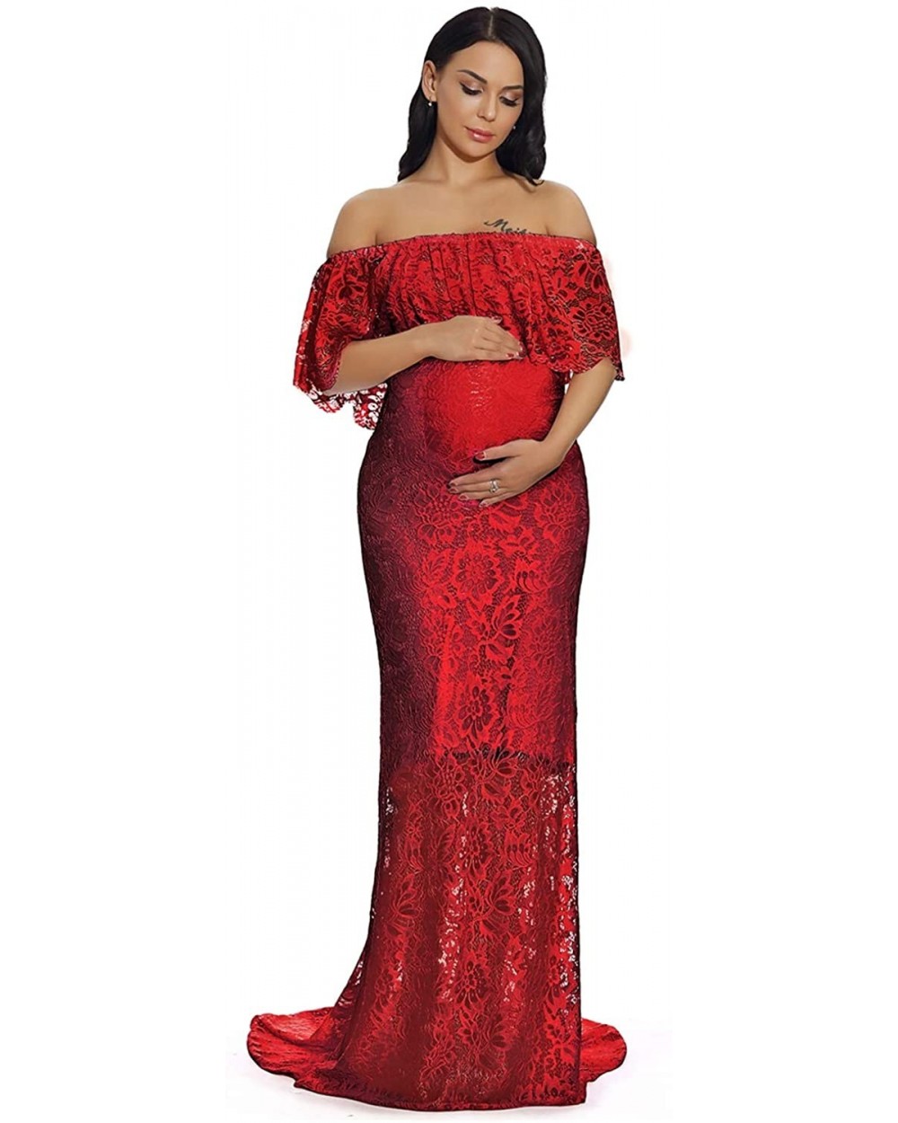 Women's Off Shoulder Ruffles Lace Maternity Gown Maxi Photography Baby Shower Dress - Wine Red - CF18QGWZE6H $53.47 Nightgown...