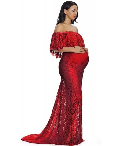 Women's Off Shoulder Ruffles Lace Maternity Gown Maxi Photography Baby Shower Dress - Wine Red - CF18QGWZE6H $53.47 Nightgown...