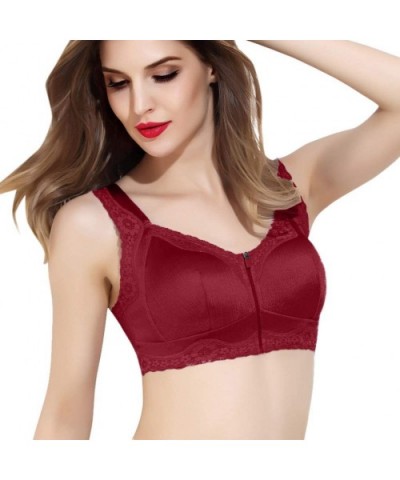 Women Plus Size Front Closure Zip Bras Breathable Wireless Satin Lace Hem Plus Size Bra - Wine - CY18AGKH7TE $25.37 Bras