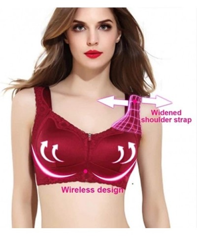 Women Plus Size Front Closure Zip Bras Breathable Wireless Satin Lace Hem Plus Size Bra - Wine - CY18AGKH7TE $25.37 Bras