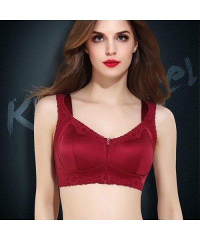 Women Plus Size Front Closure Zip Bras Breathable Wireless Satin Lace Hem Plus Size Bra - Wine - CY18AGKH7TE $25.37 Bras