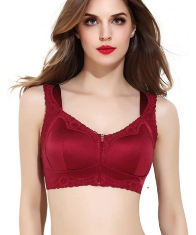 Women Plus Size Front Closure Zip Bras Breathable Wireless Satin Lace Hem Plus Size Bra - Wine - CY18AGKH7TE $25.37 Bras