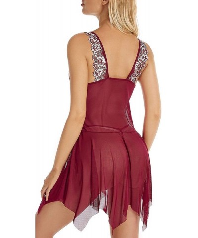 Women Sexy Lingerie Front Closure Babydoll Lace Chemise V Neck Mesh Sleepwear - Wine - CC193672743 $13.99 Nightgowns & Sleeps...