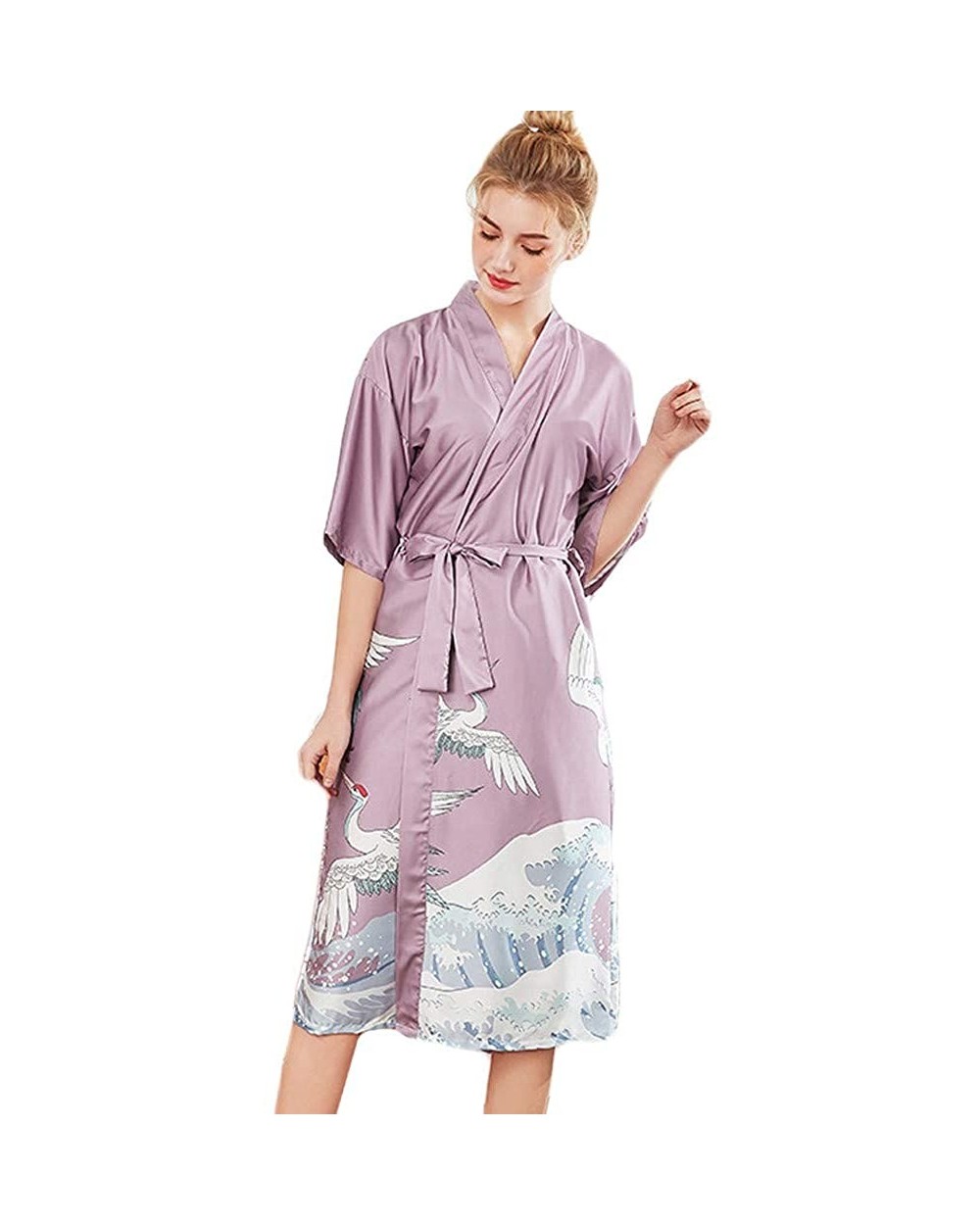 Women Lingerie Sexy Long Silk Kimono Dressing Gown Babydoll Lace Bath Robe with Belt - Z07-purple - CO194OAYM5E $30.55 Garter...