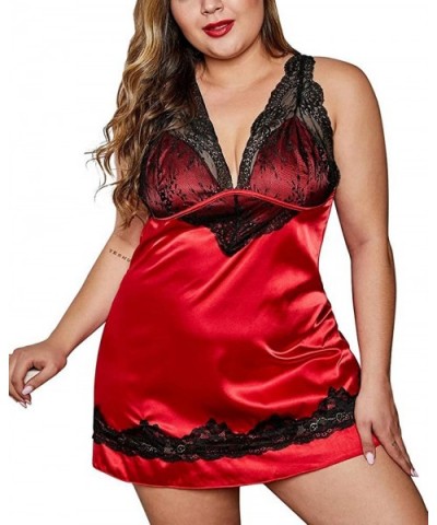 Womens Plus Size Lace Cups Silky Satin Babydoll Lingerie Sleepwear Chemise - Red401 - CL1947SKI7X $28.19 Baby Dolls & Chemises