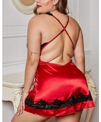 Womens Plus Size Lace Cups Silky Satin Babydoll Lingerie Sleepwear Chemise - Red401 - CL1947SKI7X $28.19 Baby Dolls & Chemises