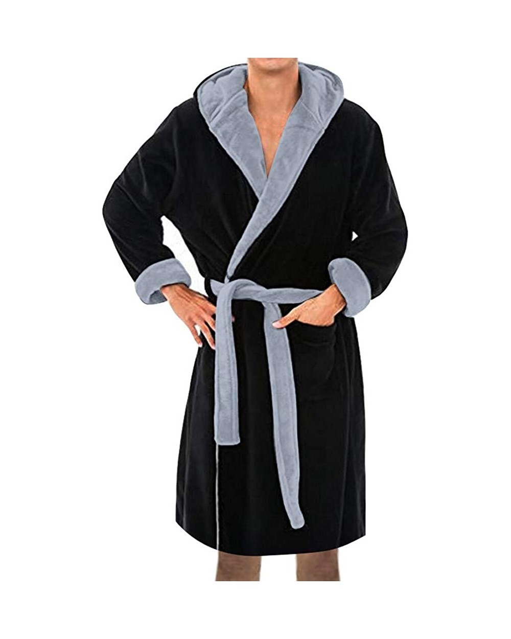 Men's Lengthened Plush Shawl Bathrobe Home Long Sleeved Robe Sleepwear Coat - Black - CA197TYG7Y6 $50.57 Robes