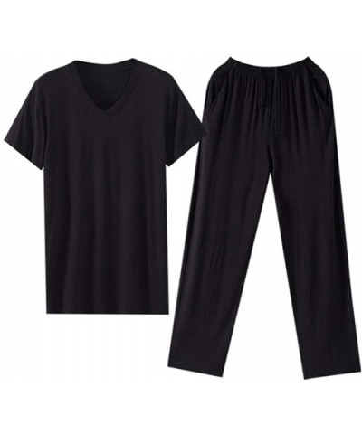 Mens Classic Pajama Set Short Sleeves & Long Pants Soft Woven Plain-Weave Lounge Wear - Black - C519859W5MH $57.02 Sleep Sets