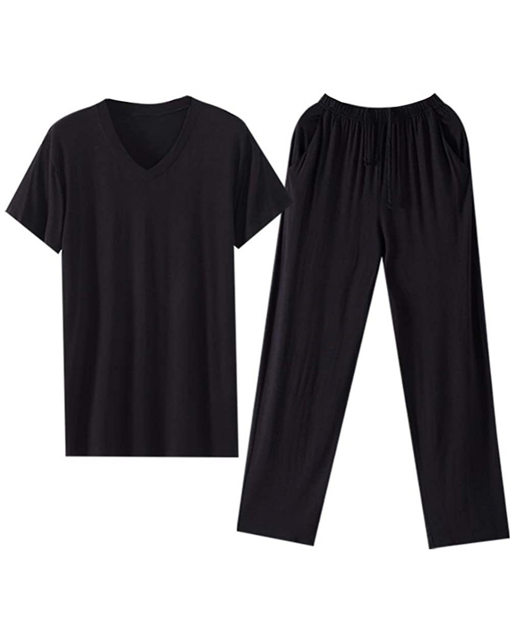 Mens Classic Pajama Set Short Sleeves & Long Pants Soft Woven Plain-Weave Lounge Wear - Black - C519859W5MH $57.02 Sleep Sets