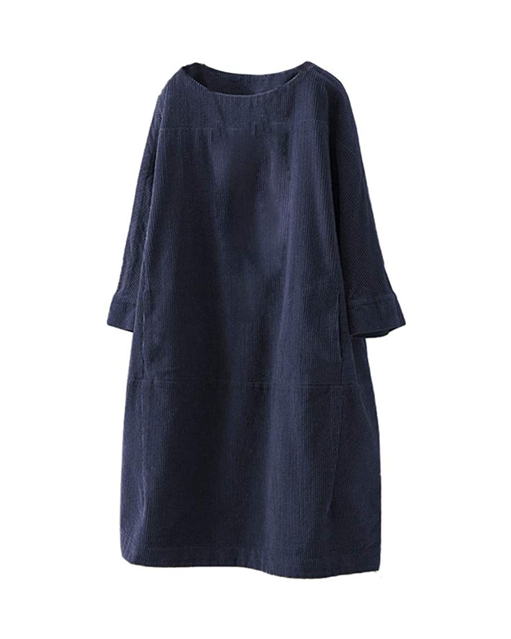 Women Vintage Pockets Corduroy Solid Color Long Sleeve Loose Casual Dress Women's Casual Corduroy Dress - Navy - CU18A04GOD5 ...