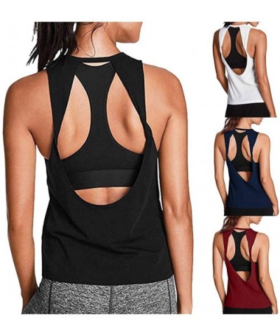 Yoga Sport Workout Muscle Shirt Women Sexy Tank Tops Vest Open Backless Tunic - A Navy - C818N6R7758 $34.48 Thermal Underwear