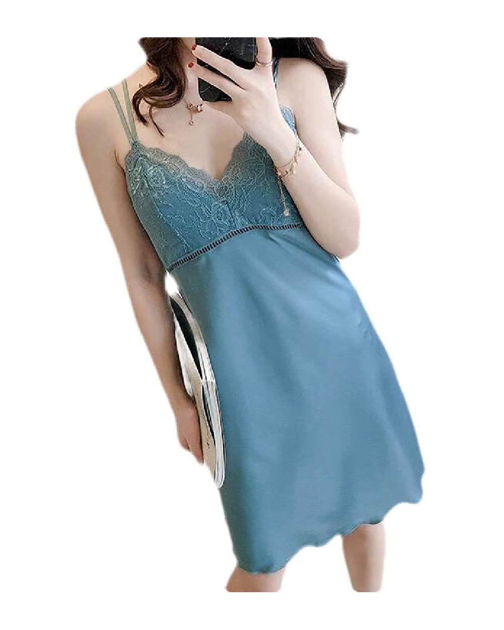 Womens Lace Sexy Satin Loungewear Spaghetti Strap Nightgown Sleep Dress - 1 - CC19CSUGYKX $39.31 Nightgowns & Sleepshirts