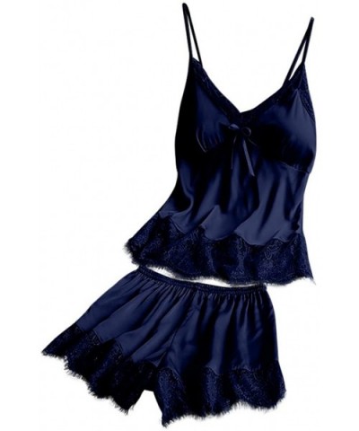 2pcs Women V-Neck Silk Lace Tempting Stain Camisole Pajamas Bowknot Shorts Set with Chest Patch - Navy - CB193D6Y4C9 $20.48 Sets