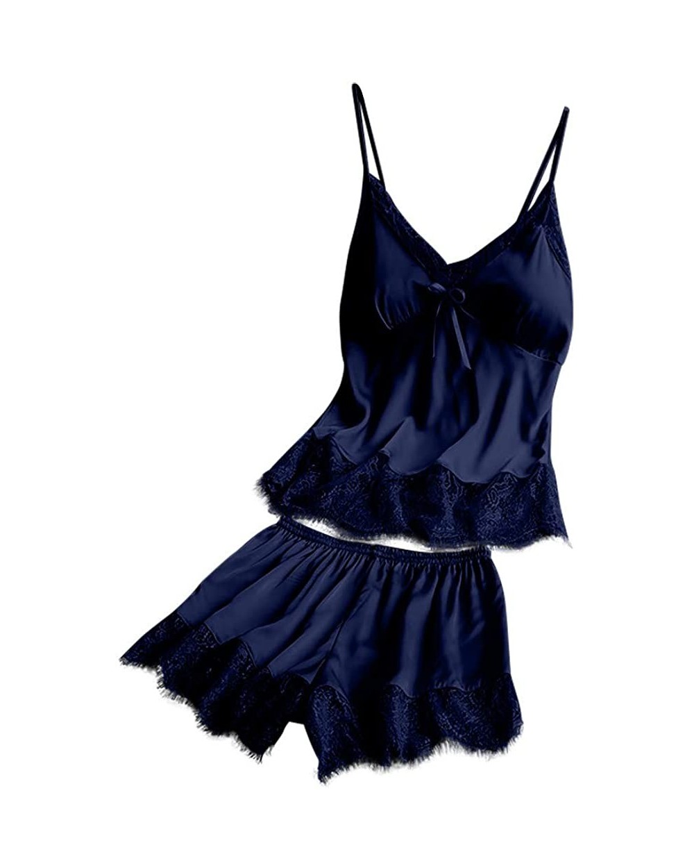 2pcs Women V-Neck Silk Lace Tempting Stain Camisole Pajamas Bowknot Shorts Set with Chest Patch - Navy - CB193D6Y4C9 $20.48 Sets