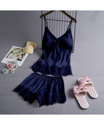 2pcs Women V-Neck Silk Lace Tempting Stain Camisole Pajamas Bowknot Shorts Set with Chest Patch - Navy - CB193D6Y4C9 $20.48 Sets