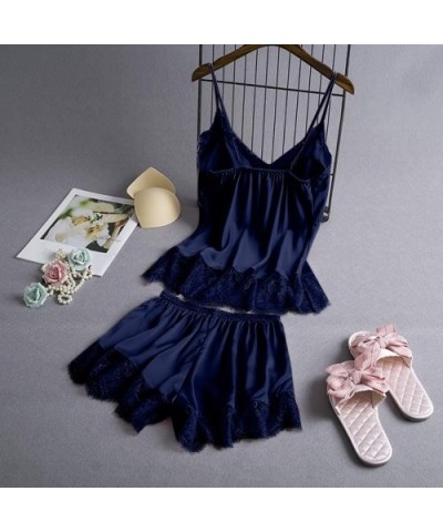 2pcs Women V-Neck Silk Lace Tempting Stain Camisole Pajamas Bowknot Shorts Set with Chest Patch - Navy - CB193D6Y4C9 $20.48 Sets