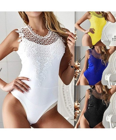 Womens Lace Strappy Deep O Neck Party Sleeveless Tops Leotard Bodysuit - A Yellow - C918S7HG2N4 $36.90 Shapewear