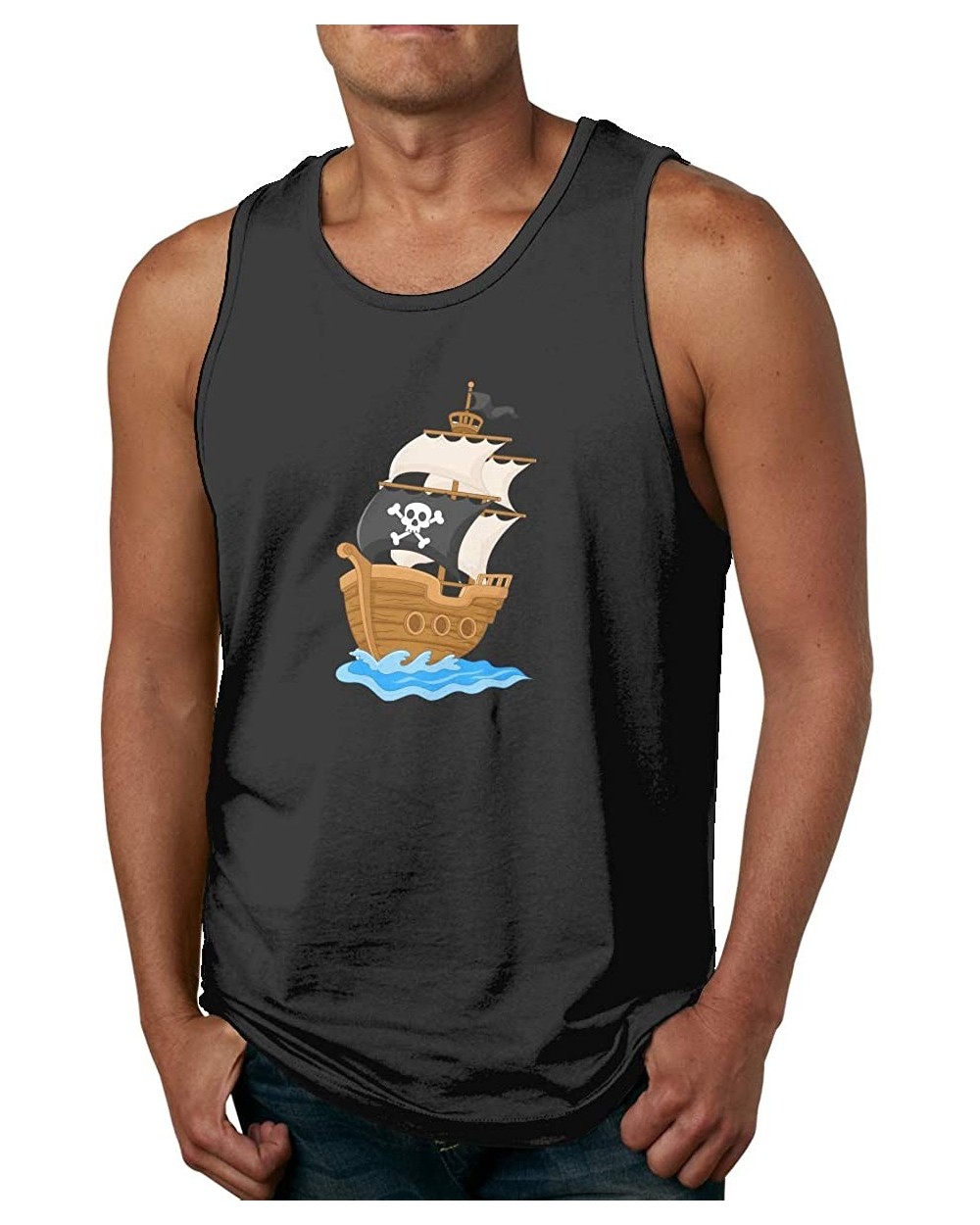 Pirate Ship Nautical Boat Pirate Flag Casual Summer Tank Tops for Men Cotton Funny Beach T Shirts - Black - CT19DER973Q $38.5...