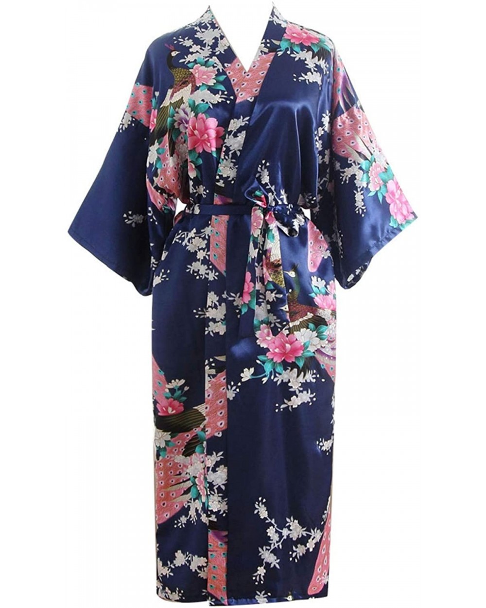 Women's Satin Kimono Robes Bride Bridesmaids Print Blossom Nightdress Wedding Bridal - Navy - C518T957U3W $32.30 Robes