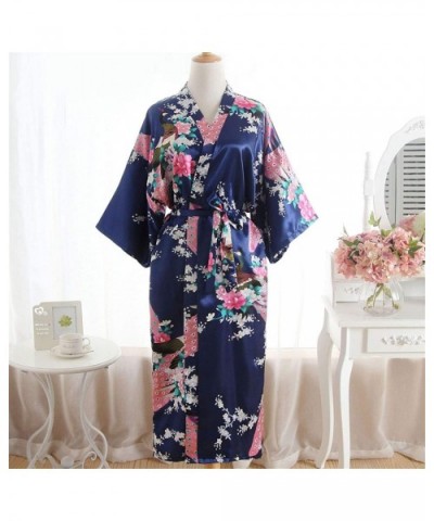 Women's Satin Kimono Robes Bride Bridesmaids Print Blossom Nightdress Wedding Bridal - Navy - C518T957U3W $32.30 Robes