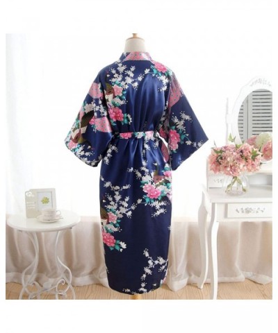 Women's Satin Kimono Robes Bride Bridesmaids Print Blossom Nightdress Wedding Bridal - Navy - C518T957U3W $32.30 Robes