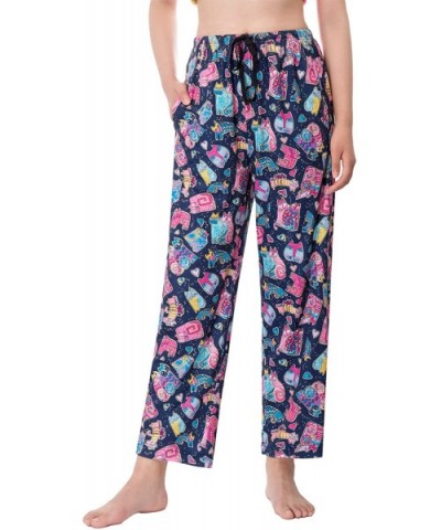 Womens Cotton Pajama Pants Printed Drawstring with Pockets Long Medium Pajama Pants Lounge Pants Sleepwear Pants - Cat - CN19...