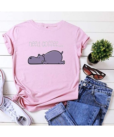 Women's Hippopotamus Letter Printing Short Sleeve O-Neck T-Shirt Blouse Tops - Pink - CA196SYE89Y $14.29 Baby Dolls & Chemises