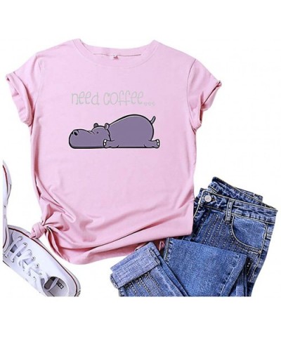 Women's Hippopotamus Letter Printing Short Sleeve O-Neck T-Shirt Blouse Tops - Pink - CA196SYE89Y $14.29 Baby Dolls & Chemises