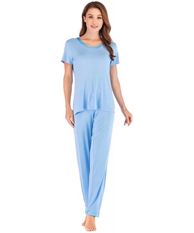 Women's Scoop Neck Short Sleeve Pajama Set with Long Pants - Celeste - CM18N6AET9N $46.27 Sets