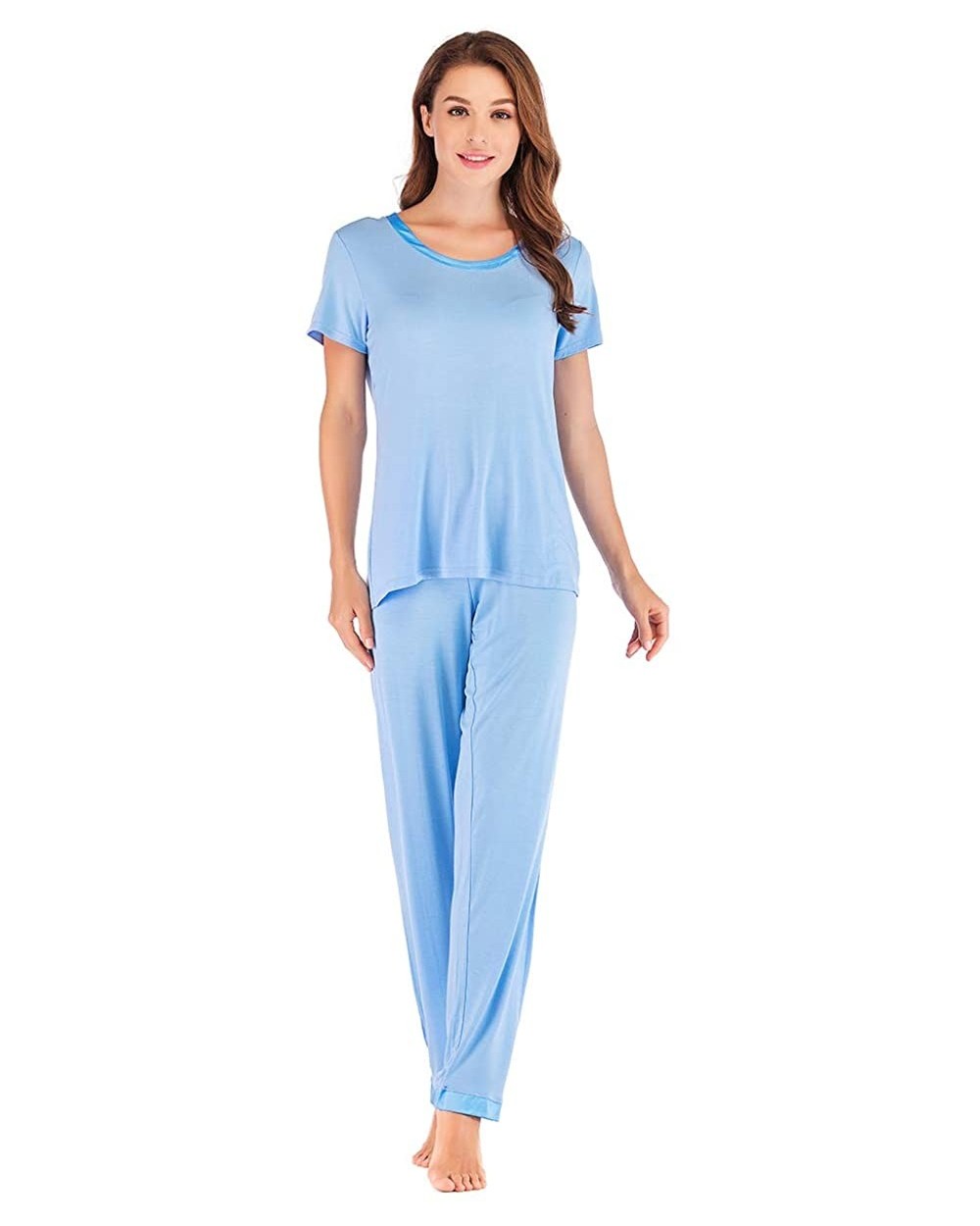 Women's Scoop Neck Short Sleeve Pajama Set with Long Pants - Celeste - CM18N6AET9N $46.27 Sets