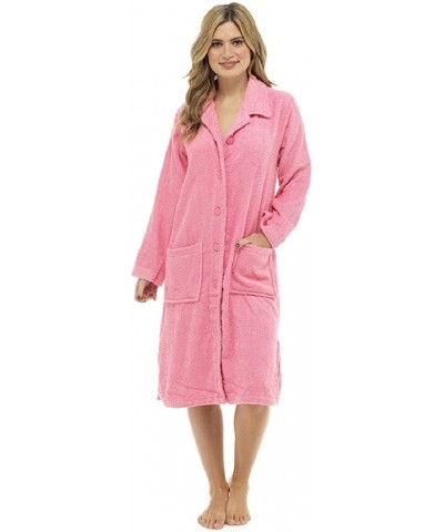 Ladies Button Front Towelling Robe - Pink - CG18D0CCUX4 $42.46 Robes