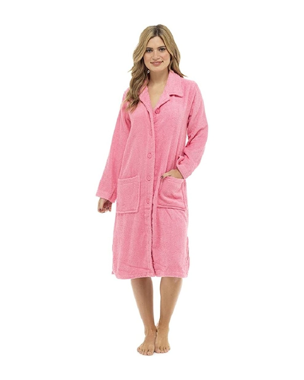 Ladies Button Front Towelling Robe - Pink - CG18D0CCUX4 $42.46 Robes