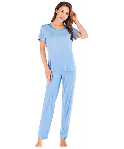 Women's Scoop Neck Short Sleeve Pajama Set with Long Pants - Celeste - CM18N6AET9N $46.27 Sets