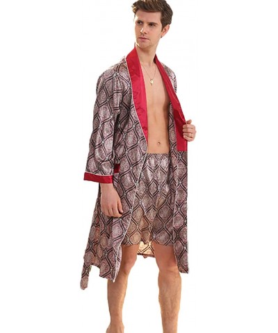 Men's Silk Nightgown Two-Piece Set Silk Robes Light Long-Sleeved Pajamas Printed Bathrobe (Red Box- L) - CU18Z5YM7IK $46.27 R...