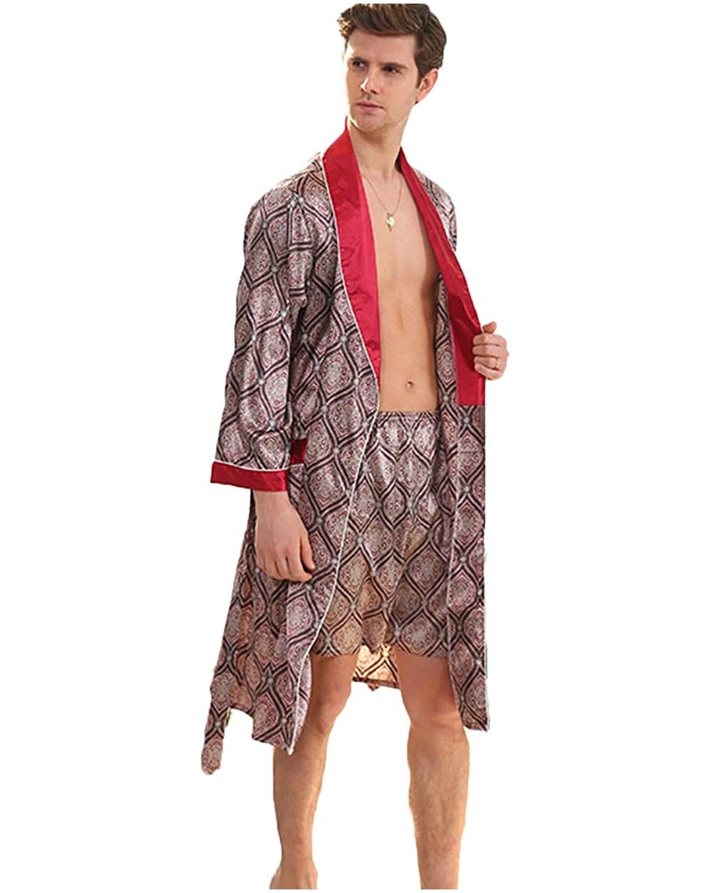 Men's Silk Nightgown Two-Piece Set Silk Robes Light Long-Sleeved Pajamas Printed Bathrobe (Red Box- L) - CU18Z5YM7IK $46.27 R...