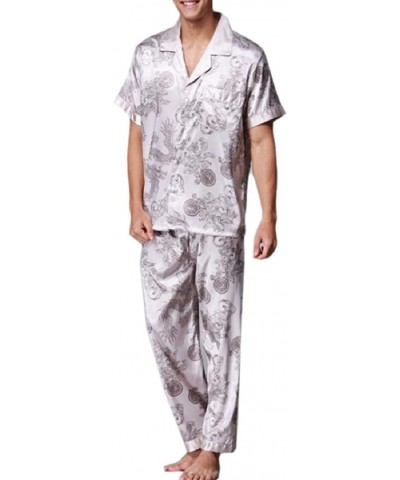 Mens Satin Print Short-Sleeve Pajamas with Button Sleepwear Set - Black - CX190SWDWKY $62.79 Sleep Sets