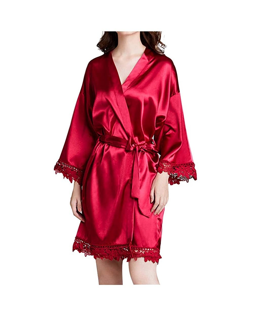 Women's Kimono Robes Short Satin Lace Nightwear Bridesmaids Lingerie Nightwear - Red - CX197YEIHT5 $43.17 Robes