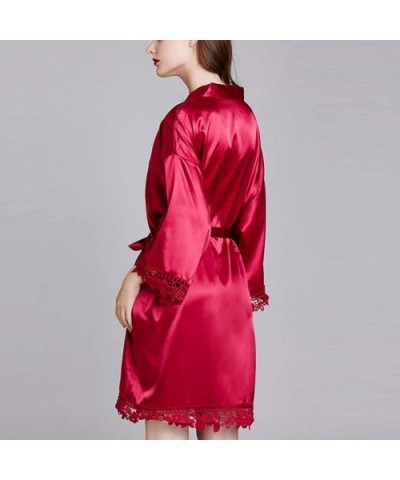 Women's Kimono Robes Short Satin Lace Nightwear Bridesmaids Lingerie Nightwear - Red - CX197YEIHT5 $43.17 Robes