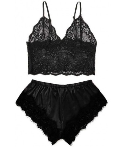 Women Satin Lace V Neck Camisole Lingerie Bra Tops Bowknot Lace Trim Shorts Set Sleepwear Pajamas Lingerie Set Black - C518AL...