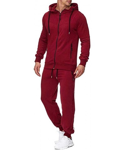 Two Piece Suit Sports Suit Tracksuit Men's Autumn Print Zipper Sweatshirt Hooded Top Pants Sets - Red - CA192RH6N26 $64.36 Th...