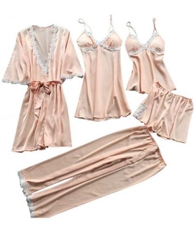 Women's Sleepwear Sexy Lace Trim Satin 5 Piece Robe + Nightgown + Camisole Shorts Pajama Set + Long Pants - Beige - CA18O3ZEO...