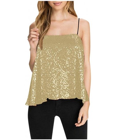 Plus Size Sparkly Sequin Boat Neck Spaghetti Strap Sweet Party Top Shirt - Yellow - CS193LMRYLA $18.32 Camisoles & Tanks