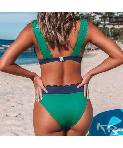 Women Pure Color Laciness Swimuit Sling Tops High Waist Female Retro Simple Beachewear Bikini Sets - Green - CB194TITOIY $21....